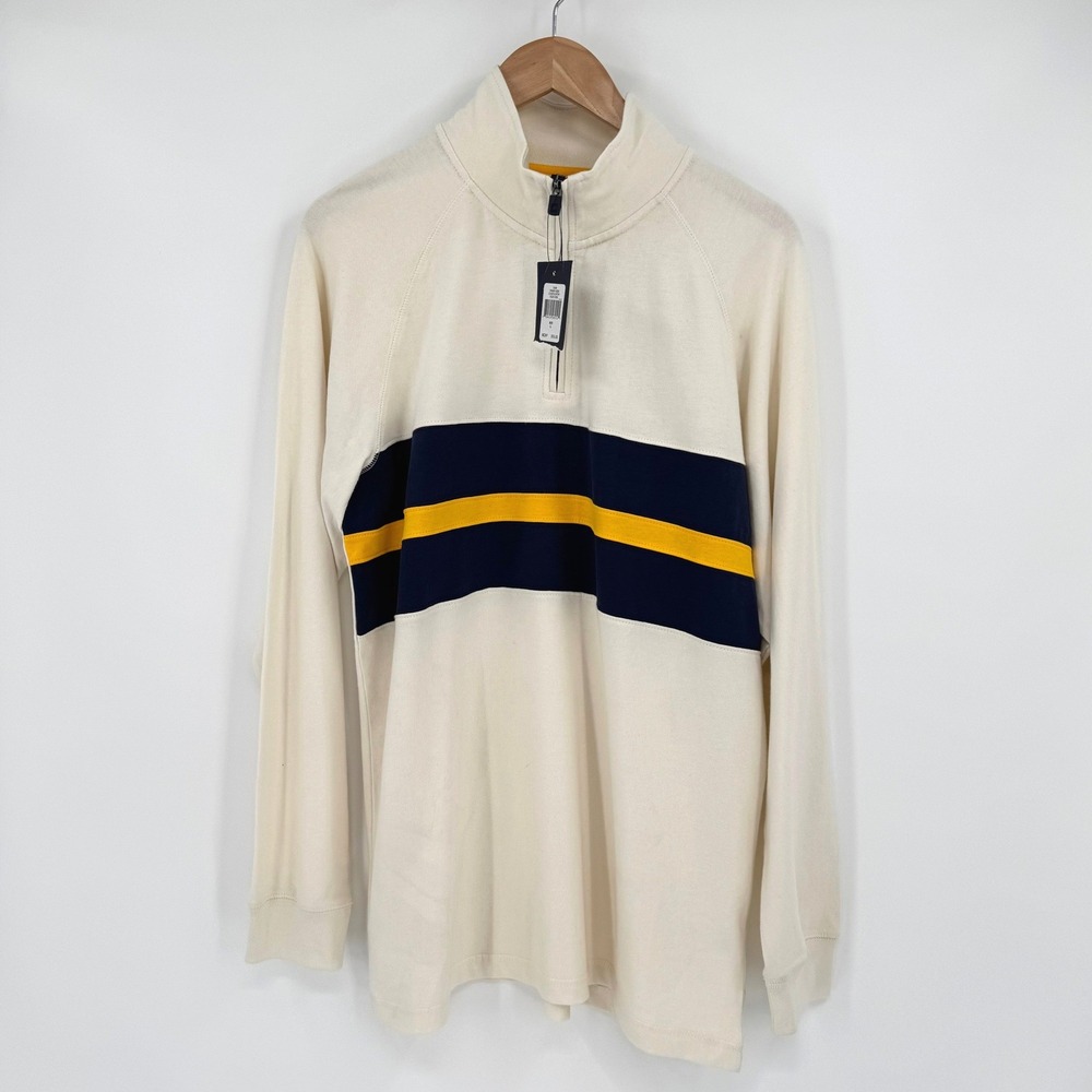 Chaps Sport Mens Cream Striped‎ Quarter Zip Pullover Cotton Sweater L NWT